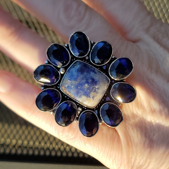 New Oversized Sodalite & Blue Topaz 925 Silver Statement Ring. - Picture 7 of 15